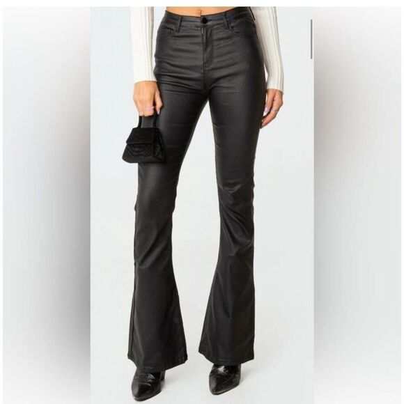 Edikted Luna Flared Jeans Women's Small Black Denim Faux Leather Zip Fly Stretch - Picture 1 of 8